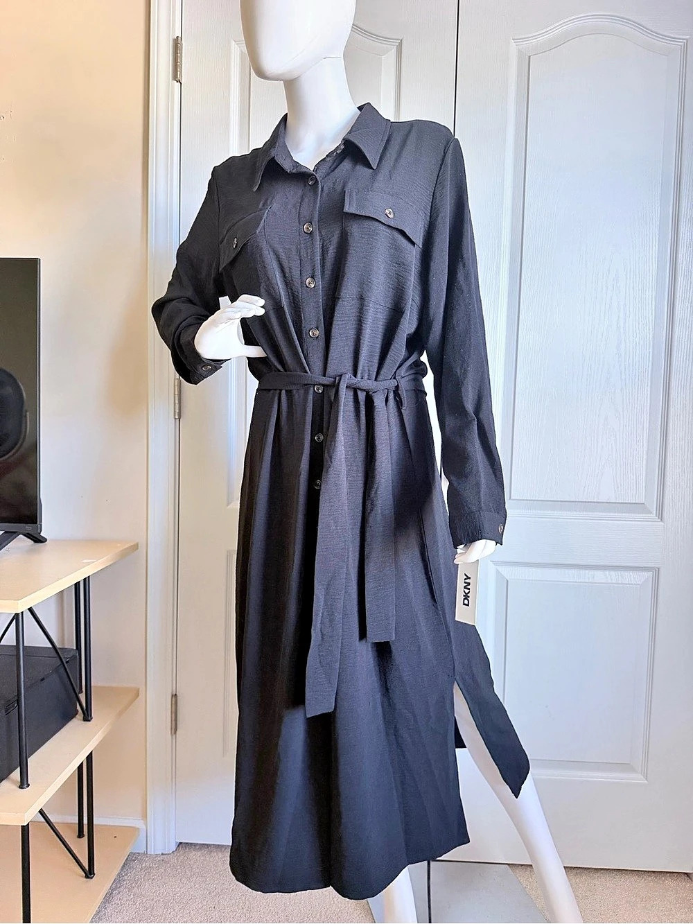 New DKNY Long Sleeve Belted Midi Shirtdress Black Size 14
